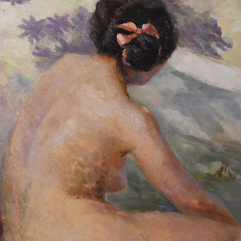 Pamono Art Deco Nude Woman, 20th Century, Oil on Panel, Framed> Art Deco