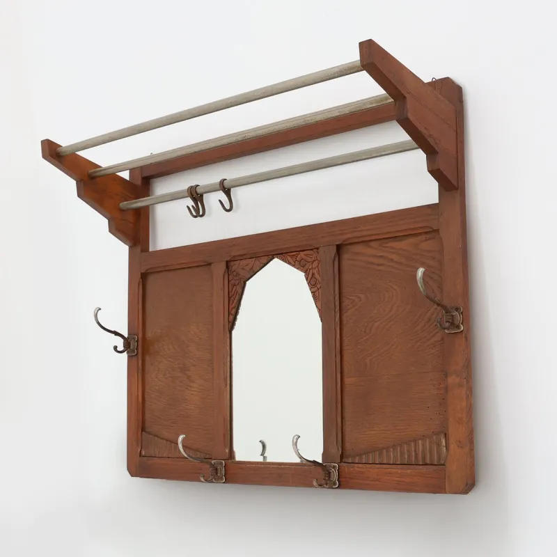 Pamono Art Deco Oak Carved Wall Coat Rack with Mirror, France, 1920s> Racks, Hooks & Valets