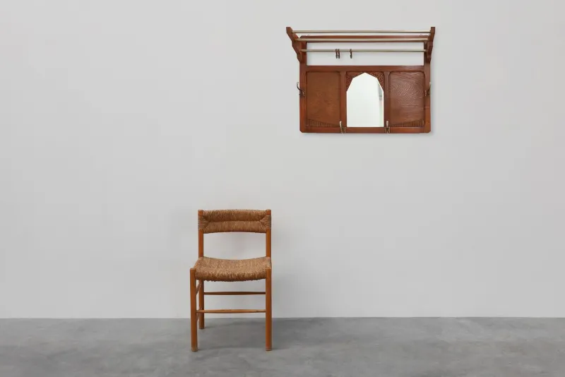 Pamono Art Deco Oak Carved Wall Coat Rack with Mirror, France, 1920s> Racks, Hooks & Valets