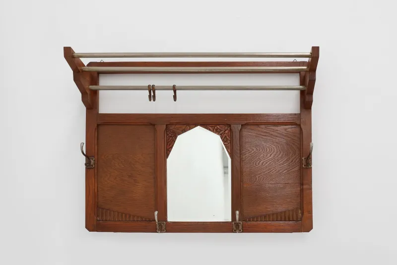 Pamono Art Deco Oak Carved Wall Coat Rack with Mirror, France, 1920s> Racks, Hooks & Valets