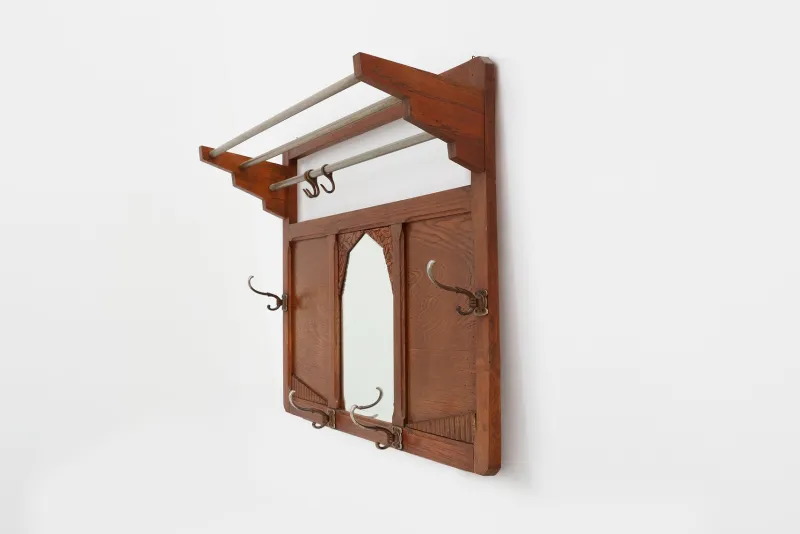 Pamono Art Deco Oak Carved Wall Coat Rack with Mirror, France, 1920s> Racks, Hooks & Valets