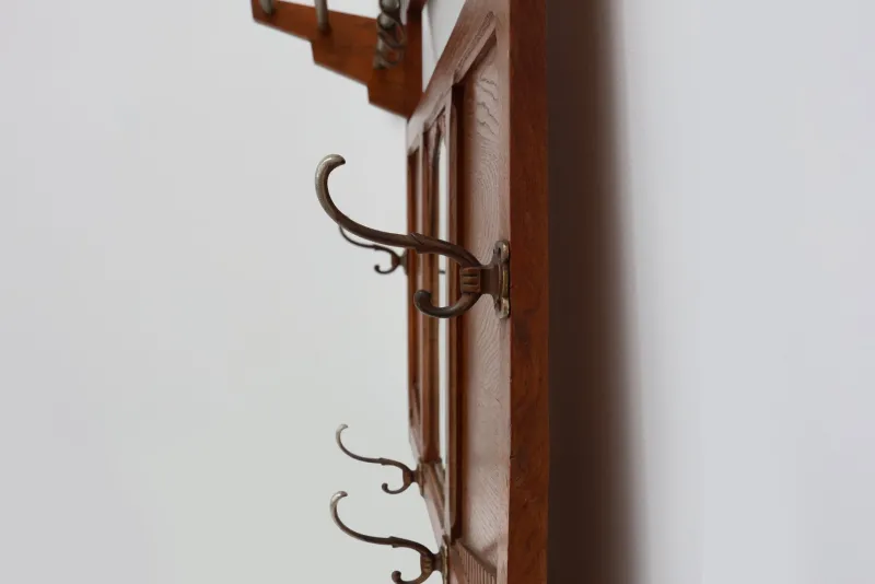 Pamono Art Deco Oak Carved Wall Coat Rack with Mirror, France, 1920s> Racks, Hooks & Valets