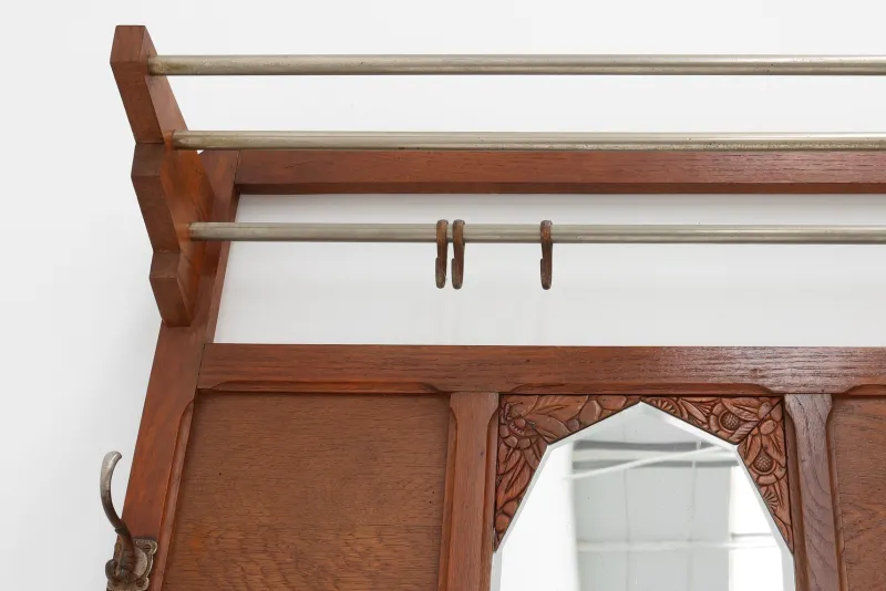 Pamono Art Deco Oak Carved Wall Coat Rack with Mirror, France, 1920s> Racks, Hooks & Valets