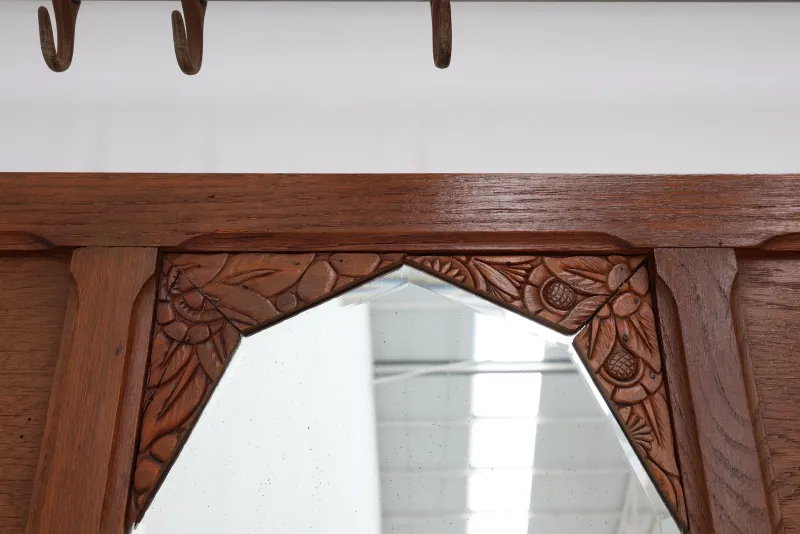 Pamono Art Deco Oak Carved Wall Coat Rack with Mirror, France, 1920s> Racks, Hooks & Valets