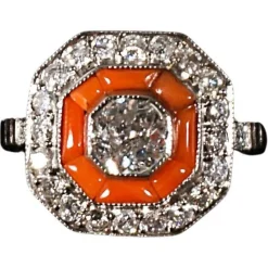 Pamono Art Deco Octagonal Diamond & Coral Platinum Cocktail Ring, France, 1930s> Rings