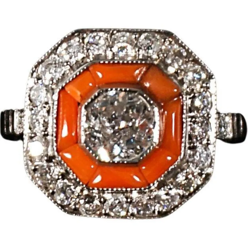 Pamono Art Deco Octagonal Diamond & Coral Platinum Cocktail Ring, France, 1930s> Rings