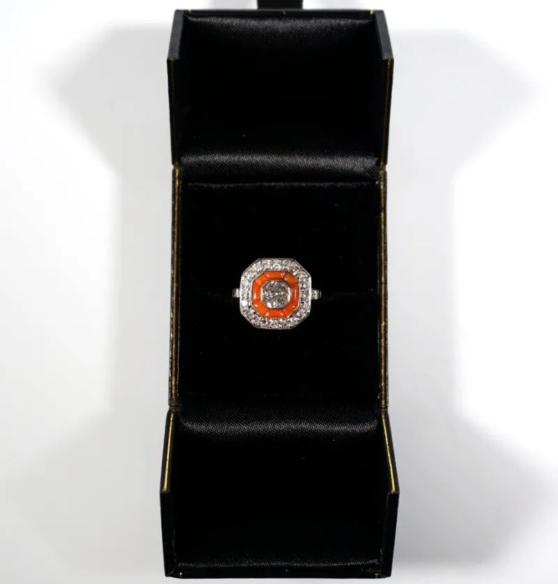Pamono Art Deco Octagonal Diamond & Coral Platinum Cocktail Ring, France, 1930s> Rings