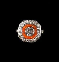 Pamono Art Deco Octagonal Diamond & Coral Platinum Cocktail Ring, France, 1930s><noscript><img width=