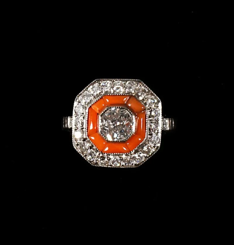 Pamono Art Deco Octagonal Diamond & Coral Platinum Cocktail Ring, France, 1930s> Rings