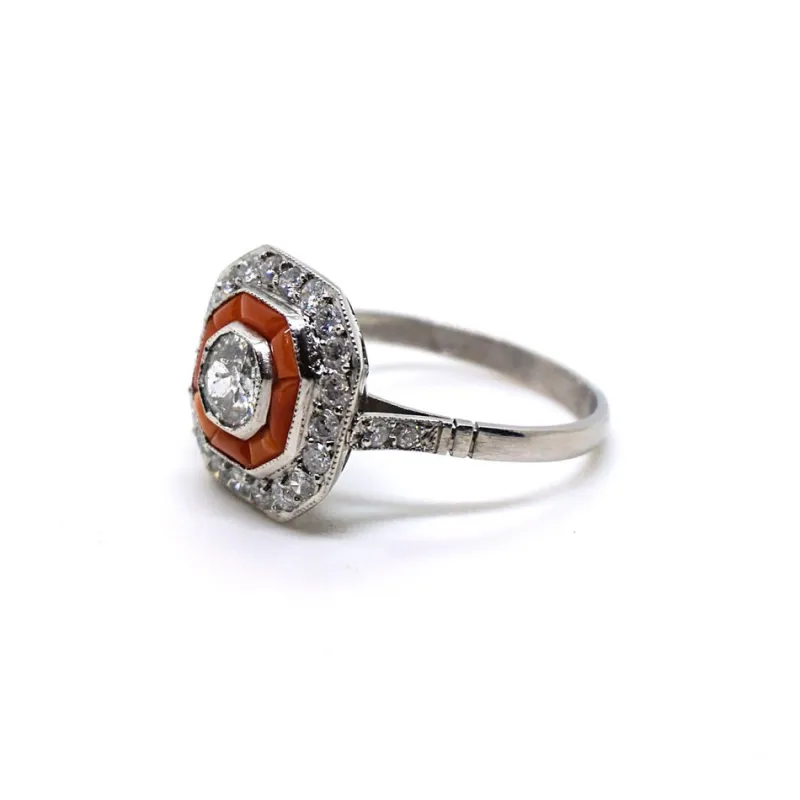 Pamono Art Deco Octagonal Diamond & Coral Platinum Cocktail Ring, France, 1930s> Rings