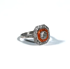 Pamono Art Deco Octagonal Diamond & Coral Platinum Cocktail Ring, France, 1930s><noscript><img width=