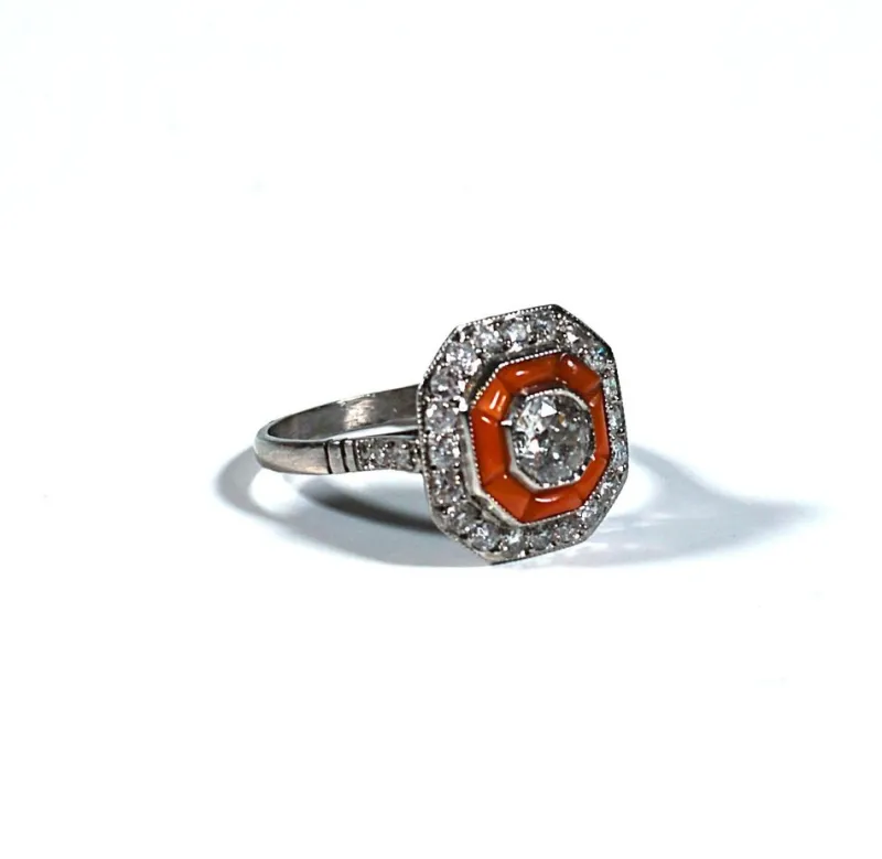 Pamono Art Deco Octagonal Diamond & Coral Platinum Cocktail Ring, France, 1930s> Rings