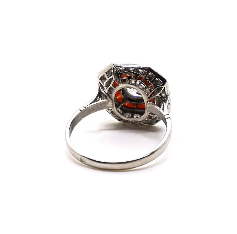 Pamono Art Deco Octagonal Diamond & Coral Platinum Cocktail Ring, France, 1930s> Rings