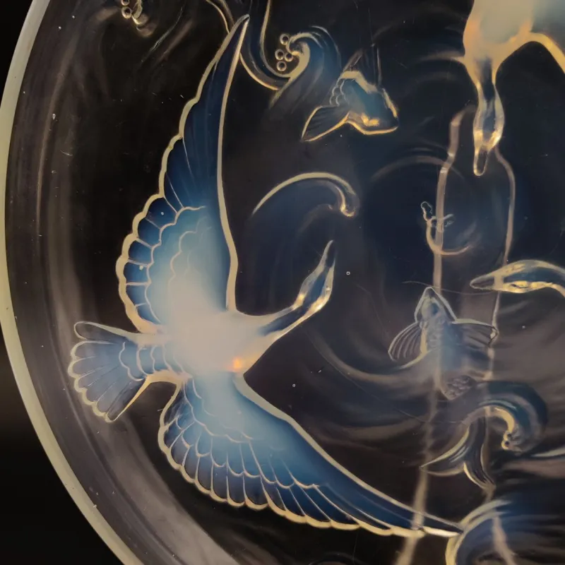 Pamono Art Deco Opalescent Glass Bowl with Wild Geese, Fish and Waves by Verlys, France, 1930s> Bowls