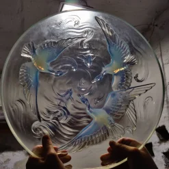 Pamono Art Deco Opalescent Glass Bowl with Wild Geese, Fish and Waves by Verlys, France, 1930s><noscript><img width=