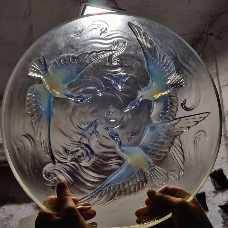 Pamono Art Deco Opalescent Glass Bowl with Wild Geese, Fish and Waves by Verlys, France, 1930s> Bowls