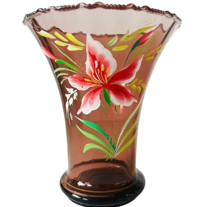 Hot Pamono Art Deco Pink Glass Vase with Hand-Painted Flowers, 1930s