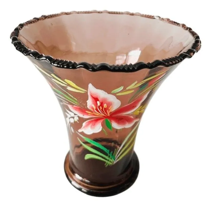 Hot Pamono Art Deco Pink Glass Vase with Hand-Painted Flowers, 1930s