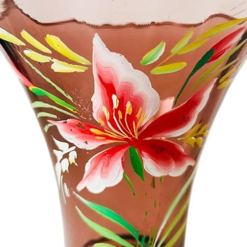 Hot Pamono Art Deco Pink Glass Vase with Hand-Painted Flowers, 1930s