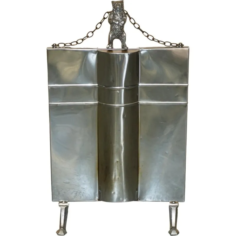 Pamono Art Deco Polished Chrome Fire Guard Screen with Bear on Top, 1920s> Fireplaces And Mantels