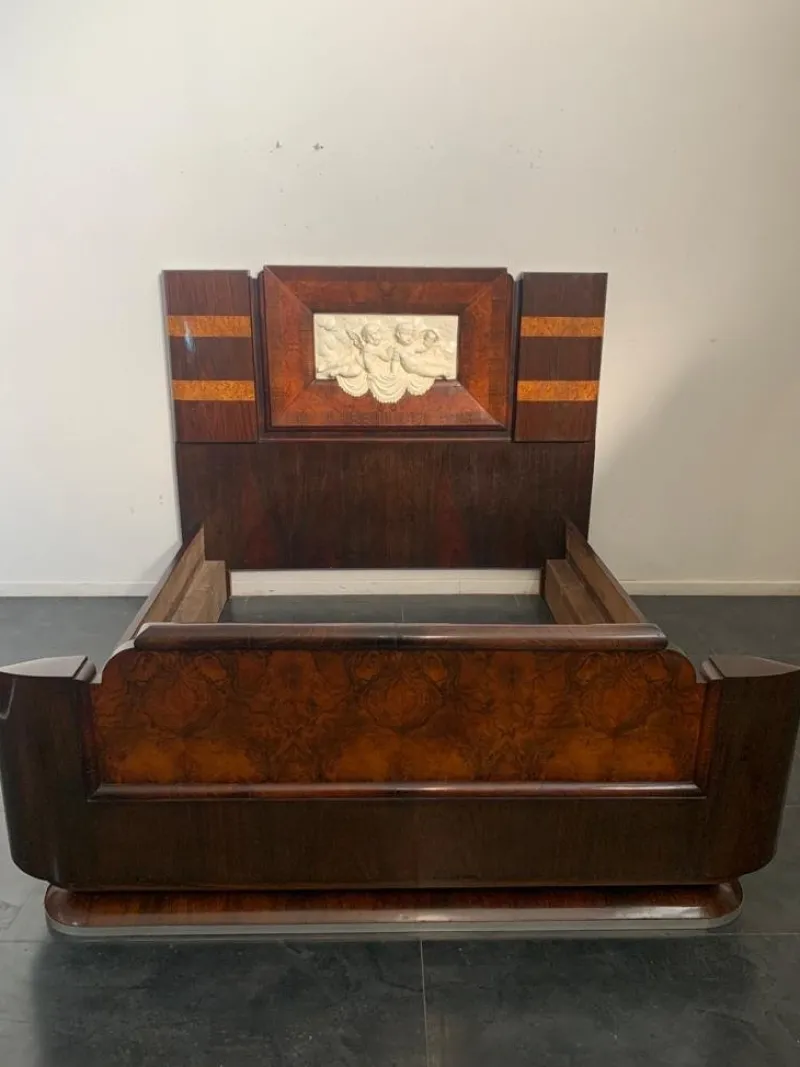 Pamono Art Deco Rosewood & Walnut Bed Frame with Carved Headboard by Ducrot, 1922> Beds & Bedroom Sets