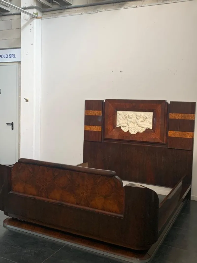 Pamono Art Deco Rosewood & Walnut Bed Frame with Carved Headboard by Ducrot, 1922> Beds & Bedroom Sets
