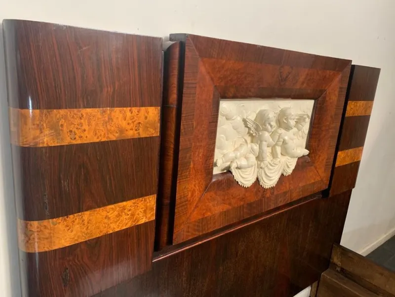 Pamono Art Deco Rosewood & Walnut Bed Frame with Carved Headboard by Ducrot, 1922> Beds & Bedroom Sets