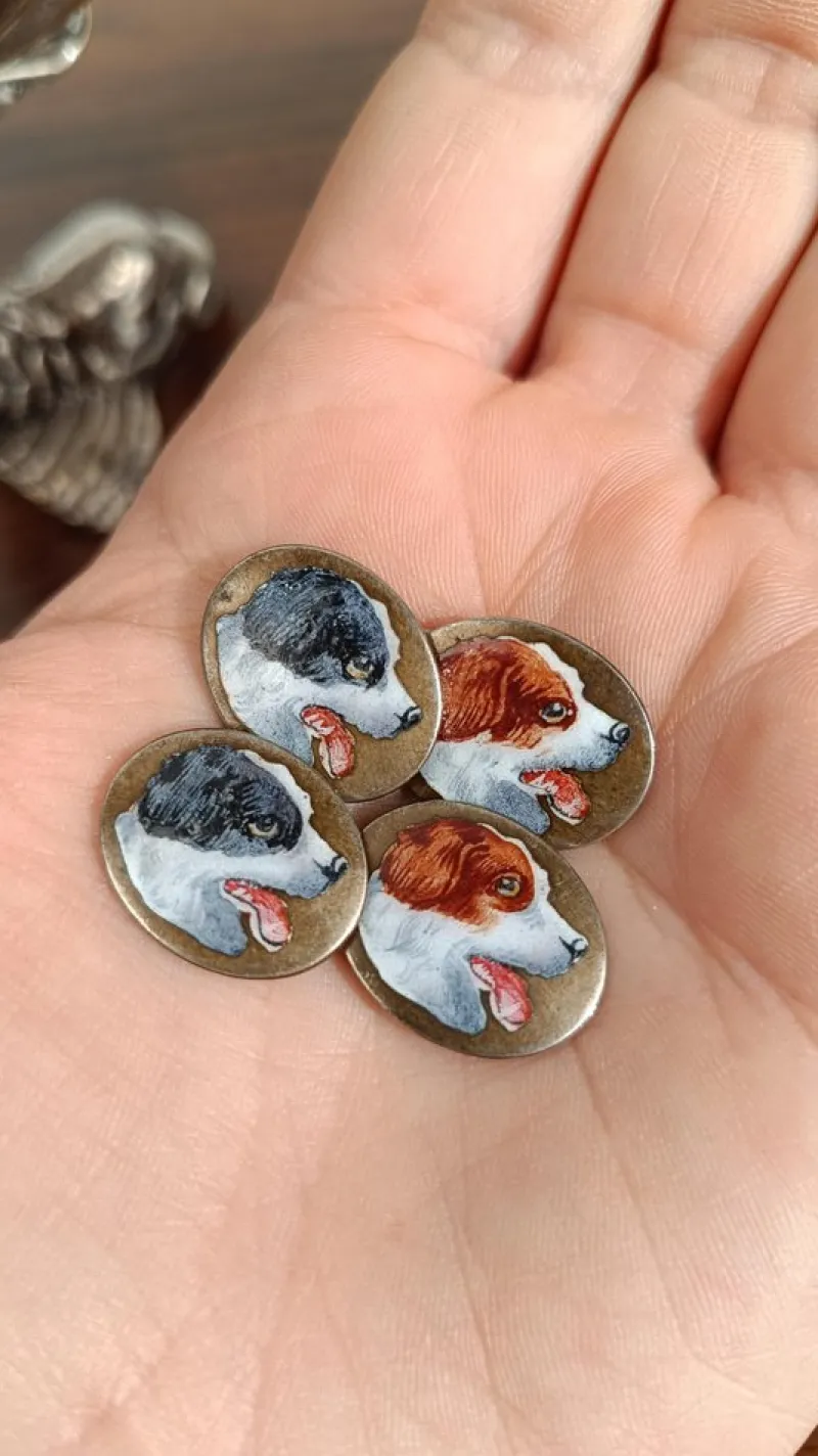 Hot Pamono Art Deco Silver Cufflinks Enameled with Hunting Dogs, 1930s, Set of 2