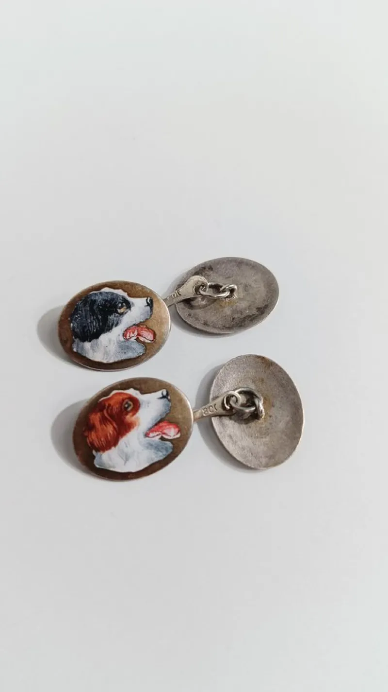 Hot Pamono Art Deco Silver Cufflinks Enameled with Hunting Dogs, 1930s, Set of 2