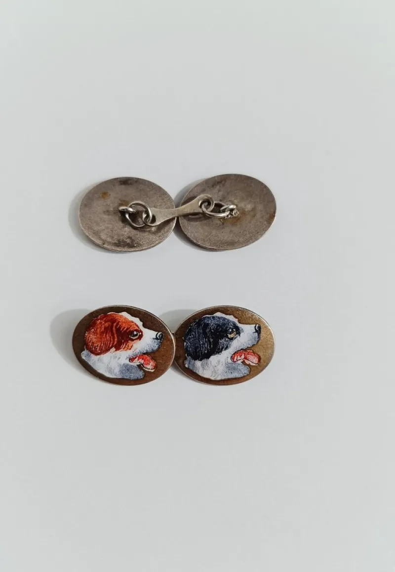 Hot Pamono Art Deco Silver Cufflinks Enameled with Hunting Dogs, 1930s, Set of 2