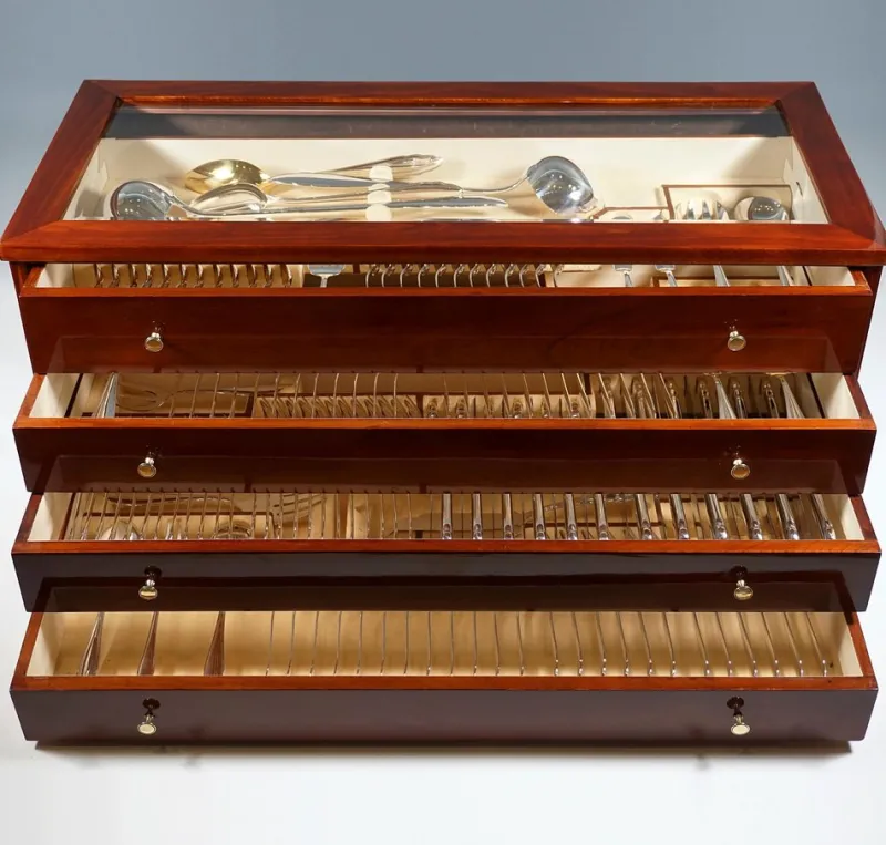 Pamono Art Deco Silver Cutlery Set for 12 in Showcase attributed to Bruckmann &Sons Germany, 1920s, Set of 140> Cutlery & Serving Utensils