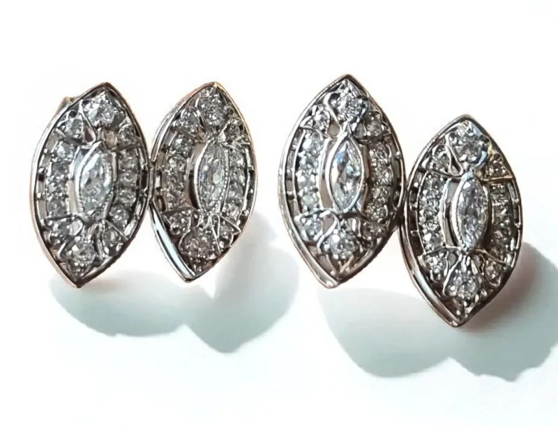 Pamono Art Deco Style Double Navette in 18 Karat White Gold and Diamond Cufflinks, 1960s, Set of 2> Cufflinks
