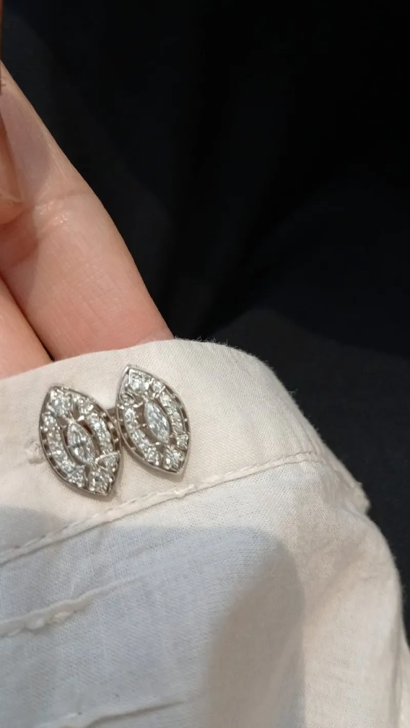 Pamono Art Deco Style Double Navette in 18 Karat White Gold and Diamond Cufflinks, 1960s, Set of 2> Cufflinks