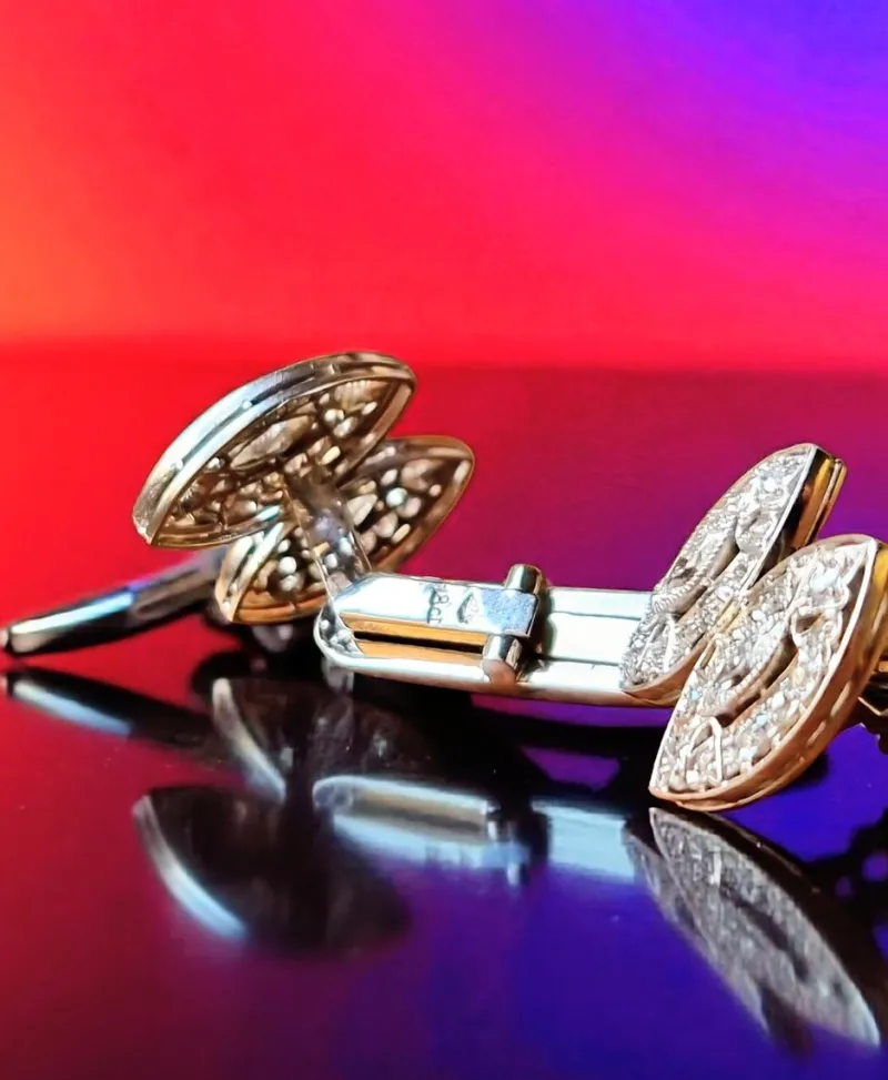 Pamono Art Deco Style Double Navette in 18 Karat White Gold and Diamond Cufflinks, 1960s, Set of 2> Cufflinks