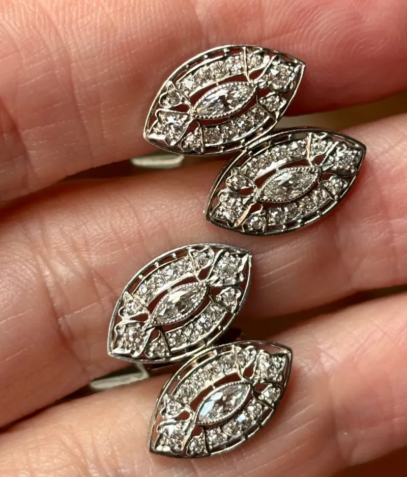 Pamono Art Deco Style Double Navette in 18 Karat White Gold and Diamond Cufflinks, 1960s, Set of 2> Cufflinks