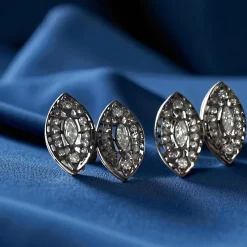 Pamono Art Deco Style Double Navette in 18 Karat White Gold and Diamond Cufflinks, 1960s, Set of 2><noscript><img width=