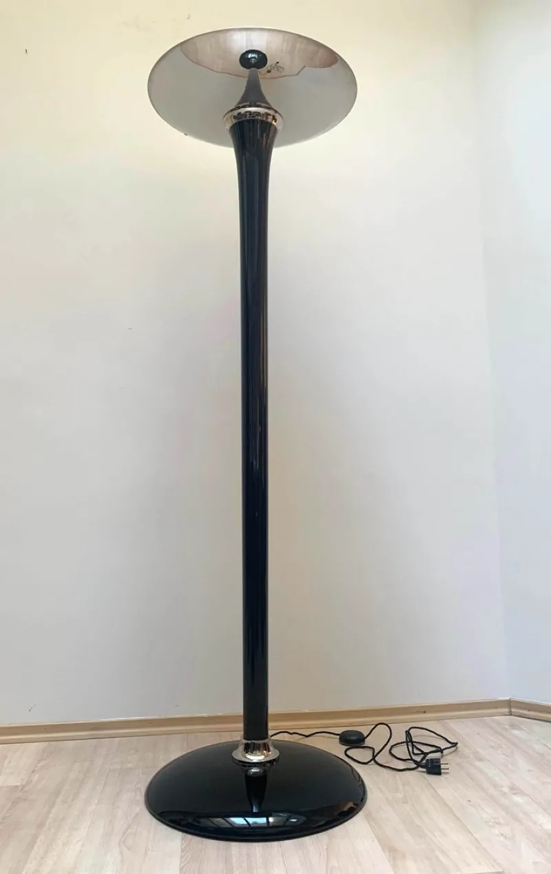 Pamono Art Deco Style Floor Lamp in Black Lacquer and Nickel> Floor Lamps