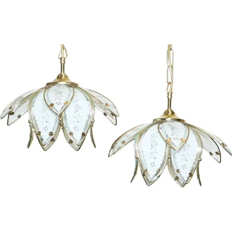 New Pamono Art Deco Style Glass Lotus Ceiling Lamps, 1960s, Set of 2