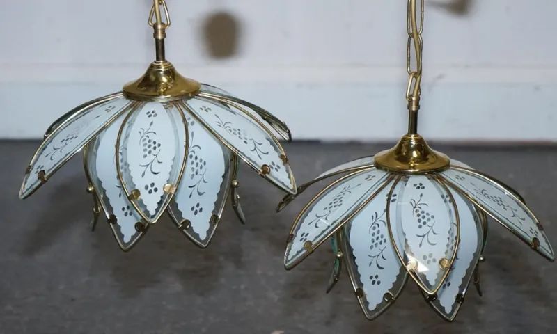 New Pamono Art Deco Style Glass Lotus Ceiling Lamps, 1960s, Set of 2