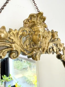 Pamono Art Deco Style Oval Mirror with Brass Floral Details, 1960s><noscript><img width=