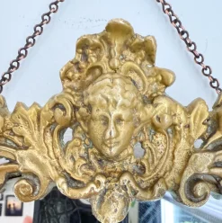 Pamono Art Deco Style Oval Mirror with Brass Floral Details, 1960s><noscript><img width=