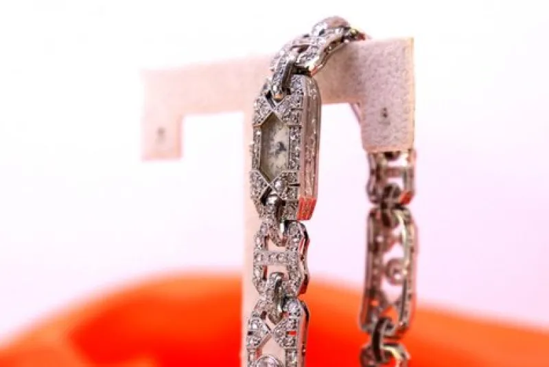 Online Pamono Art Deco Style Platinum Watch with Brilliant-Cut Diamonds