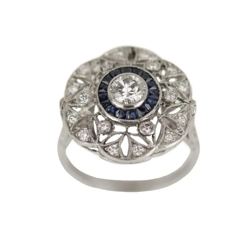 New Pamono Art Deco Style Ring in 900 Platinum with Diamonds and Sapphires