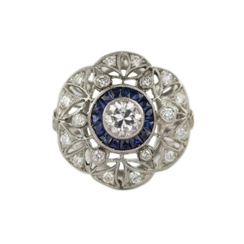 New Pamono Art Deco Style Ring in 900 Platinum with Diamonds and Sapphires