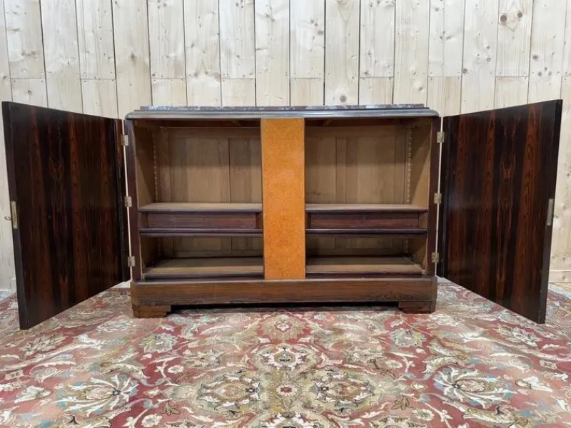 Pamono Art Deco Style Sideboard in Amboyna Burl and Marble