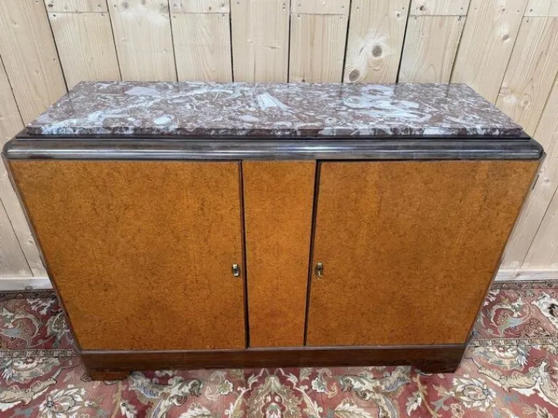 Pamono Art Deco Style Sideboard in Amboyna Burl and Marble