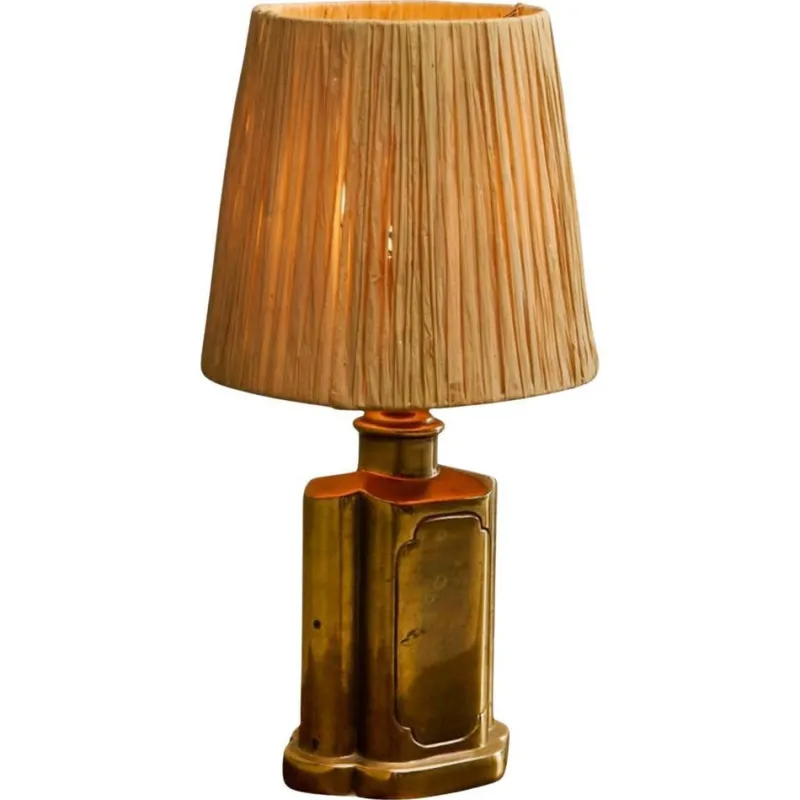 Best Pamono Art Deco Table Lamp in Patinated Brass with Raffia Shade, 1940s