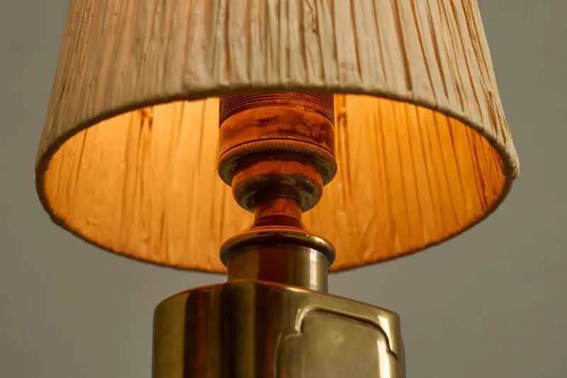Best Pamono Art Deco Table Lamp in Patinated Brass with Raffia Shade, 1940s