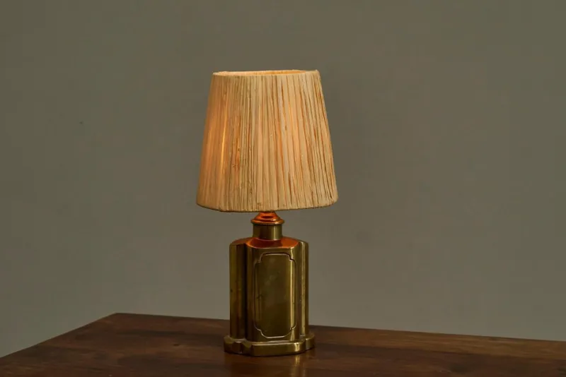 Best Pamono Art Deco Table Lamp in Patinated Brass with Raffia Shade, 1940s