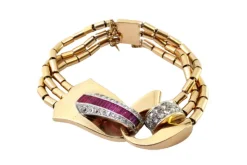 Pamono Art Deco Tubular Gold Bracelet with Rose-Cut Diamonds and Calibrated Rubies> Bracelets